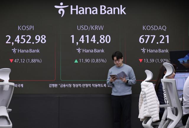 윤석열 대통령이 비상계엄을 선언했다 국회의 의결로 계엄을 해제한 4일 오전 서울 중구 하나은행 딜링룸 전광판에 이날 거래를 시작한 코스피, 원·달러 환율, 코스닥 지수가 표시돼 있다. 연합뉴스