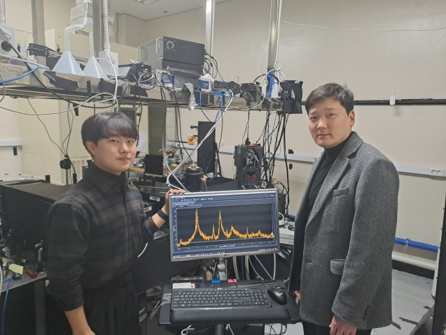 김범준(오른쪽) 포스텍 물리학과 교수가 스핀 네마틱 관측을 위한 장치 앞에서 제자와 함께 포즈를 취하고 있다. 사진 제공=포스텍