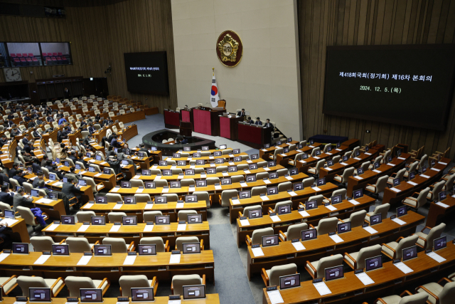 5일 새벽 여의도 국회에서 열린 제418회국회(정기회) 제16차 본회의에 국민의힘 의원들이 참석하지 않아 여당 좌석이 비어 있다. 뉴스1