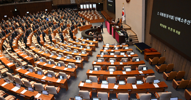 7일 국회에서 열린 본회의에서 윤석열 대통령 탄핵소추안이 상정되자 안철수 의원을 제외한 모든 여당 의원들이 본회의장에서 퇴장, 탄핵소추안 제안설명에 나선 박찬대 더불어민주당 원내대표를 비롯한 야당 의원들이 여당 의원들을 일일이 호명하며 표결 참여를 호소하고 있다. 오승현 기자