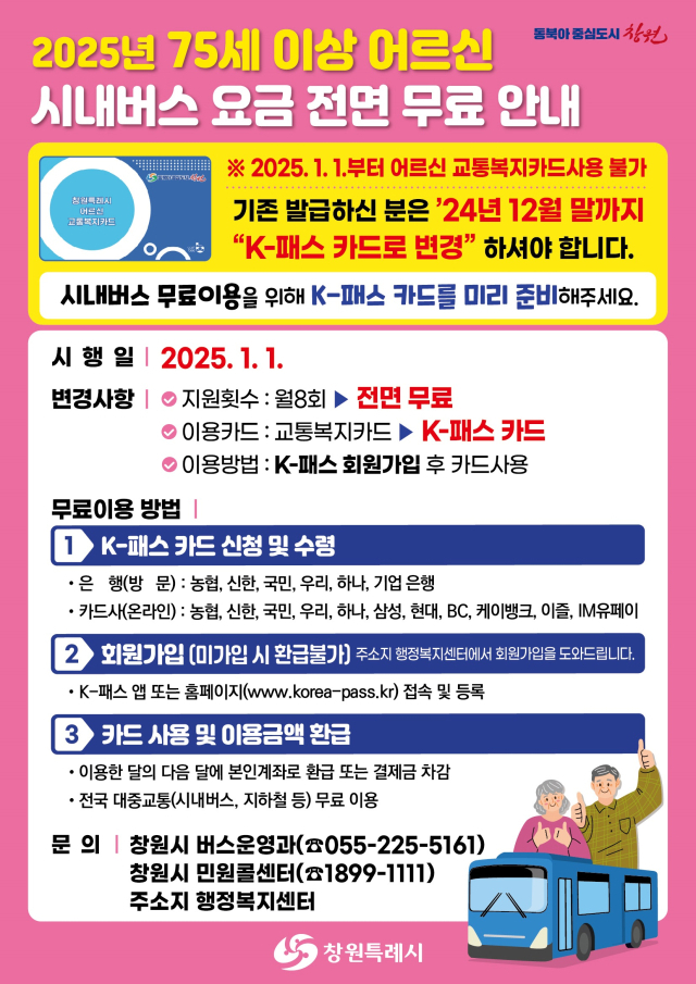 경남 창원시가 내년부터 시행하는 75세 이상 어르신 시내버스 요금 무료 안내 포스터. 사진 제공=창원시