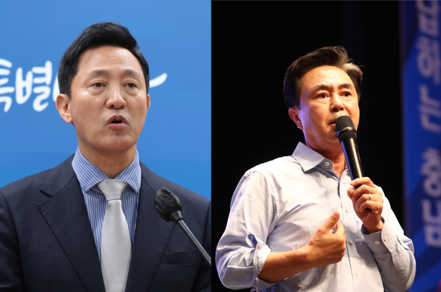 오세훈(왼쪽) 서울시장과 김태흠 충남도지사. 연합뉴스
