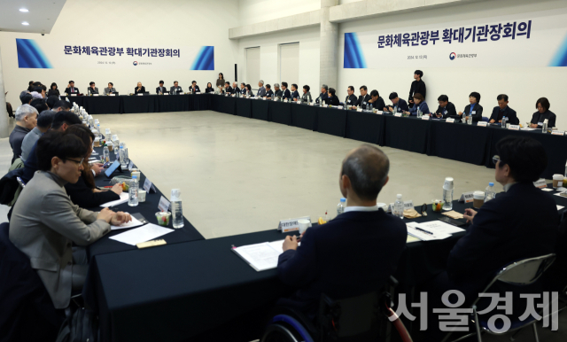 유인촌 문화체육관광 장관이 12일 국립현대미술관 서울관에서 진행된 문체부 확대기관장 회의에서 발언하고 있다. 사진 제공=문체부