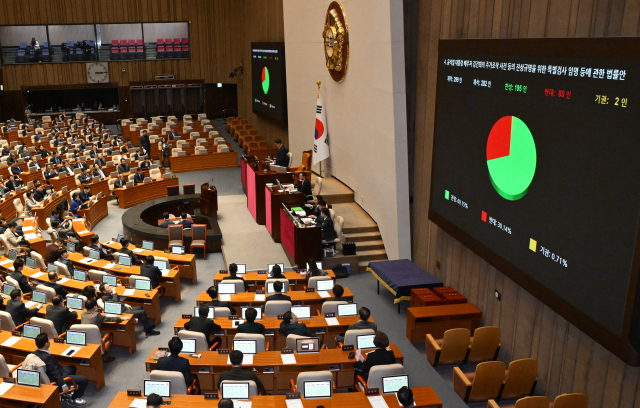 12일 오후 국회 본회의에서 '윤석열 대통령 배우자 김건희의 주가조작 사건 등의 진상규명을 위한 특별검사 임명 등에 관한 법률안'이 통과되고 있다. 성형주 기자