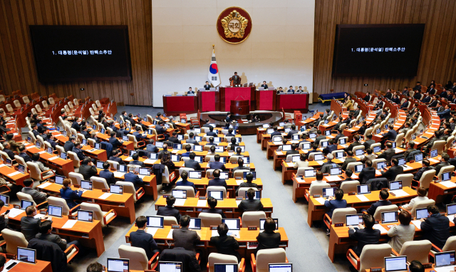 우원식 국회의장이 14일 오후 서울 여의도 국회에서 열린 제419회국회(임시회) 제4차 본회의에서 윤석열 대통령 탄핵소추안을 상정하고 있다. 뉴스1