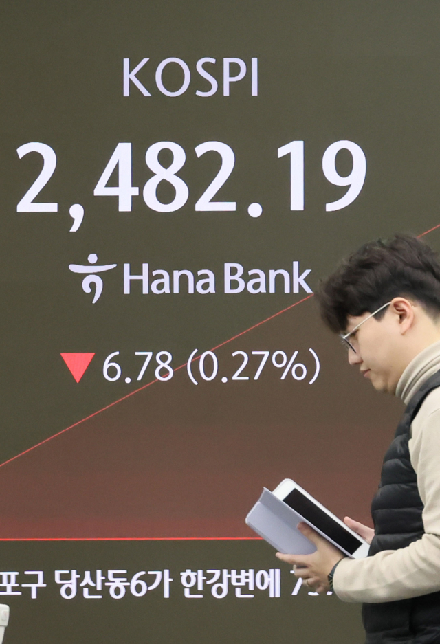 17일 서울 중구 하나은행 본점 딜링룸 현황판에 주식 시세가 표시돼 있다. 연합뉴스