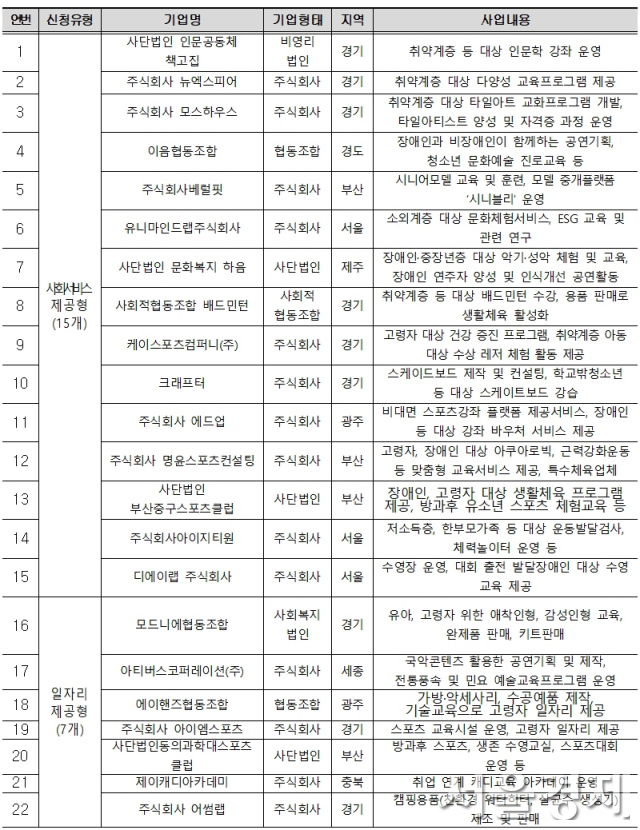 2024년 문화체육관광형 예비사회적기업 지정 현황. 자료 제공=문체부