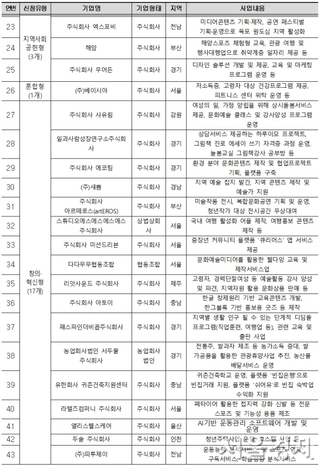 2024년 문화체육관광형 예비사회적기업 지정 현황. 자료 제공=문체부