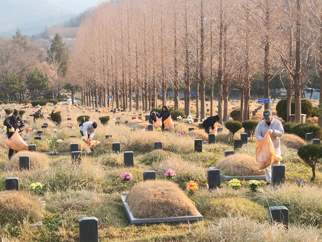 부산영락공원과 추모공원에 설치된 플라스틱조화가 수거되고 있다. 사진제공=부산시설공단