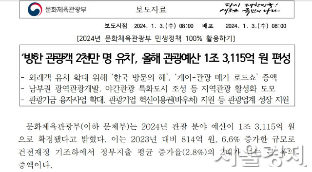 지난 1월 3일 문체부 보도자료. 2024년 외래 관광객 2000만명 목표를 적시했다. 자료 제공=문체부