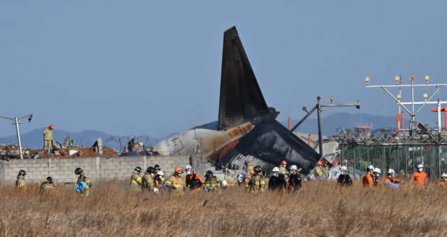 29일 전남 무안국제공항 활주로에 여객기가 추락해 사고 수습이 이뤄지고 있다. 이날 오전 9시 7분쯤 승객과 승무원 181명을 태운 태국발 제주항공 7C2216편 항공기가 무안공항 착륙을 시도하던 중 활주로 외벽에 부딪혀 폭발했다. 성형주기자.