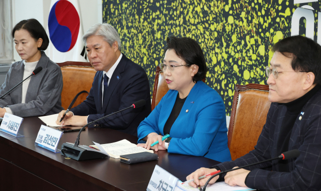 김선민(오른쪽 두번째) 조국혁신당 당 대표 권한대행이 29일 국회에서 열린 기자간담회에서 발언하고 있다. 연합뉴스