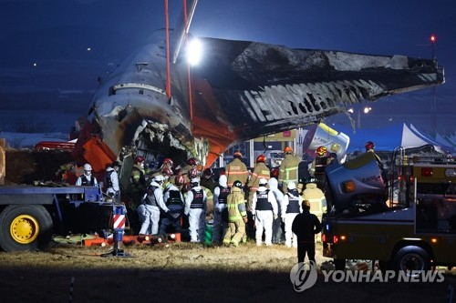 29일 오후 전남 무안군 무안국제공항에서 발생한 제주항공 여객기 충돌 폭발 사고 현장에서 파손된 기체 후미 수색 등 작업이 이어지고 있다. 연합뉴스