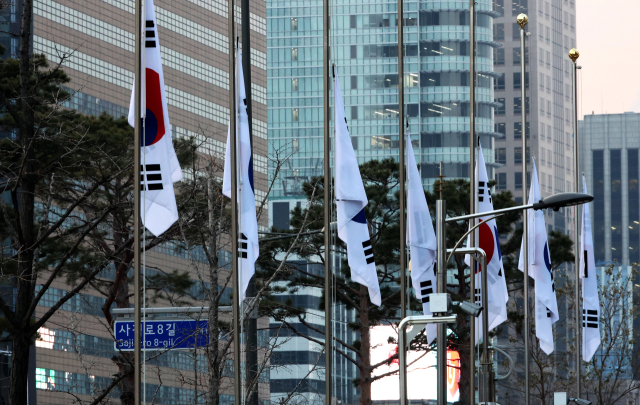 30일 서울 종로구 정부서울청사 담장에 전남 무안국제공항에서 발생한 제주항공 참사 희생자를 애도하는 조기가 걸려 있다. 연합뉴스