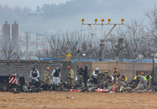 30일 전남 무안군 무안국제공항에서 발생한 제주항공 여객기 충돌 폭발 사고 현장에서 관계자들이 수색작업을 펼치고 있다. 연합뉴스