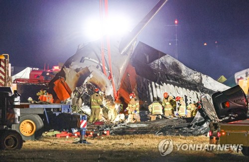 29일 오후 전남 무안군 무안국제공항에서 발생한 제주항공 여객기 충돌 폭발 사고 현장에서 파손된 기체 후미 수색 등 작업이 이어지고 있다. 연합뉴스