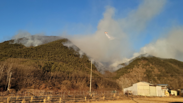 31일 오후 2시15분쯤 대구 군위군 삼국유사면 화북리의 야산에서 화재가 발생해 소방·산림 당국이 헬기 17대를 투입해 진화작업을 하고 있다.뉴스1