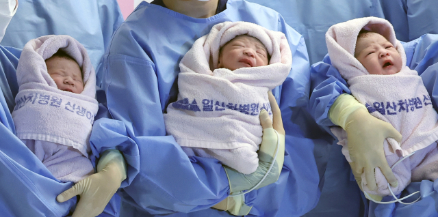 2025년 을사년(乙巳年) 새해 첫날인 1일 오전 경기도 고양시 일산차병원에서 강우석 씨와 부인 구슬기 씨 사이에서 태어난 남아 딩굴이(이하 태명·오른쪽부터), 이효영 씨와 부인 구라겸 씨 사이에서 태어난 남아 꼬물이, 박준수 씨와 부인 이승현 씨 사이에서 태어난 남아 니케가 간호사 품에 안겨 있다. 연합뉴스