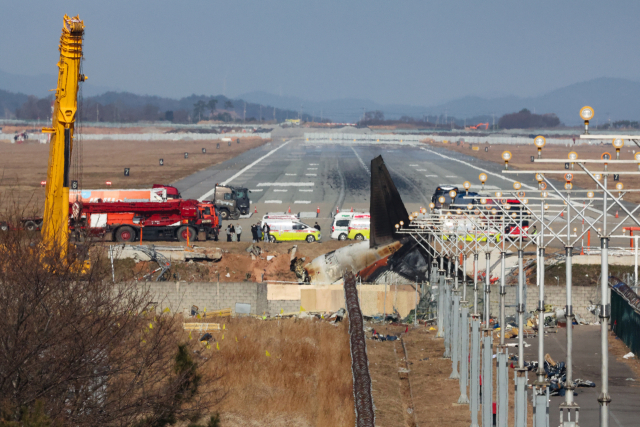 1일 오전 전남 무안군 무안국제공항 제주항공 여객기 참사 현장에서 탑승객 유가족들이 사고 여객기 잔해를 살펴보고 있다. 연합뉴스