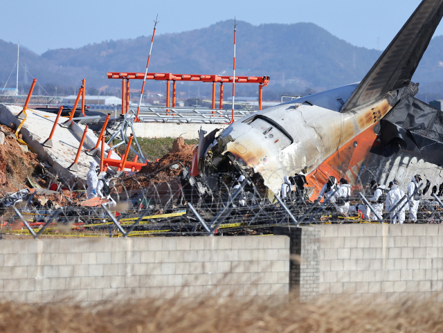 지난 31일 전남 무안군 무안국제공항 제주항공 여객기 참사 현장에서 경찰 과학수사대와 국과수가 현장 조사를 하고 있다. 여객기 참사 원인으로 부상한 콘크리트 둔덕과 로컬라이저(방위각 시설)가 처참히 부서져 있다. 연합뉴스