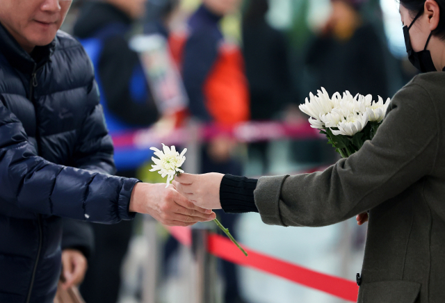 2일 전남 무안군 무안국제공항에 마련된 제주항공 여객기 참사 희생자 합동분향소에서 한 자원봉사자가 조문객에게 국화를 나눠주고 있다. /연합뉴스