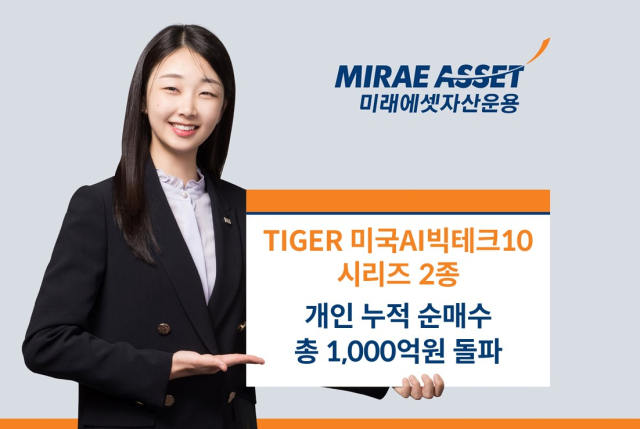 미래에셋자산운용 모델이 ‘TIGER 미국AI빅테크10’ ETF 시리즈 2종의 개인 누적 순매수액 1000억 원 돌파 사실을 알리고 있다. 사진 제공=미래에셋자산운용