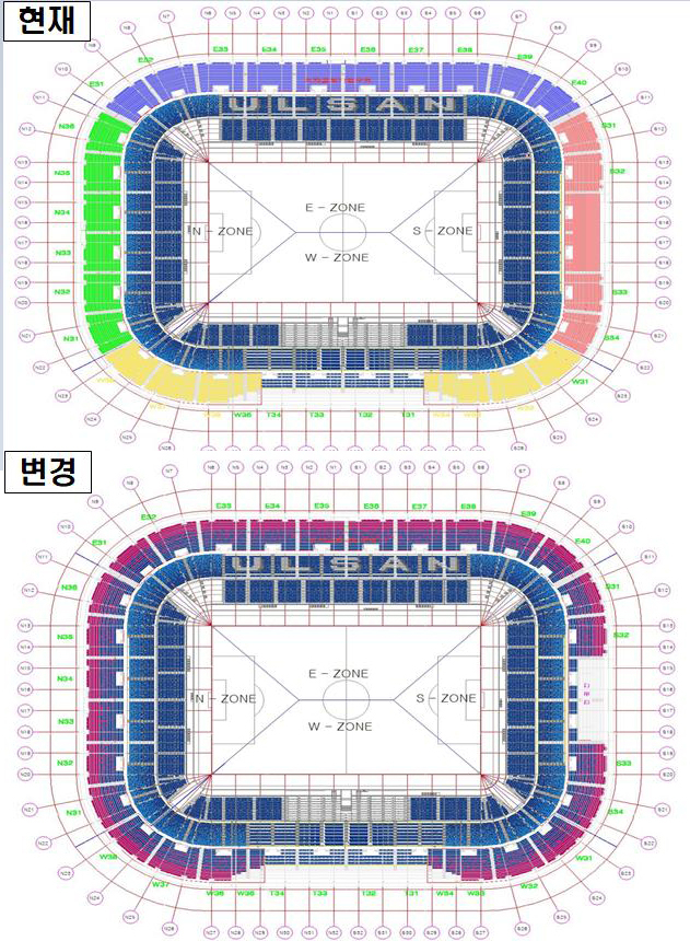 문수축구경기장 관람석 교체 계획안. 3층 노후 관람석을 기존 적색과 청색, 초록과 노랑의 4색에서 청색과 적색 2색으로 교체한다는 계획이다. 그림=울산시