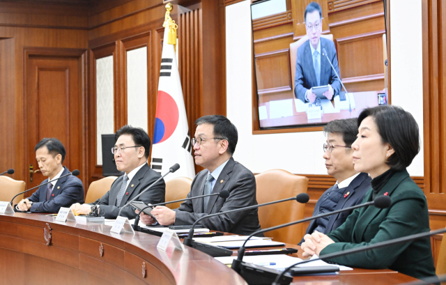 최상목(왼쪽 세 번째) 대통령 권한대행 부총리 겸 기획재정부 장관이 9일 정부서울청사에서 열린 국정현안조정회의 겸 경제관계장관회의에서 모두 발언을 하고 있다. 사진 제공=기획재정부