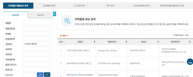 식약처의 의약품 통합정보시스템 '의약품안전나라' 검색 화면 캡처