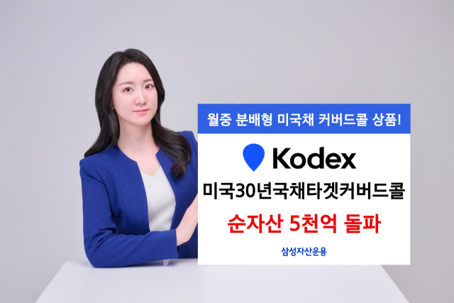 삼성자산운용 모델이 ‘KODEX 미국30년국채 타겟커버드콜’ ETF의 순자산 5000억 원 돌파 사실을 알리고 있다. 사진 제공=삼성자산운용