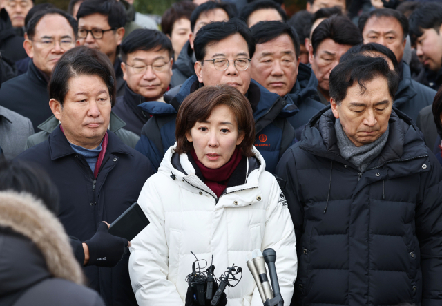 나경원 국민의힘 의원을 비롯한 의원들이 6일 오후 서울 용산구 대통령 관저 앞에서 입장발표를 마친 뒤 취재진 질문에 답하고 있다. 연합뉴스