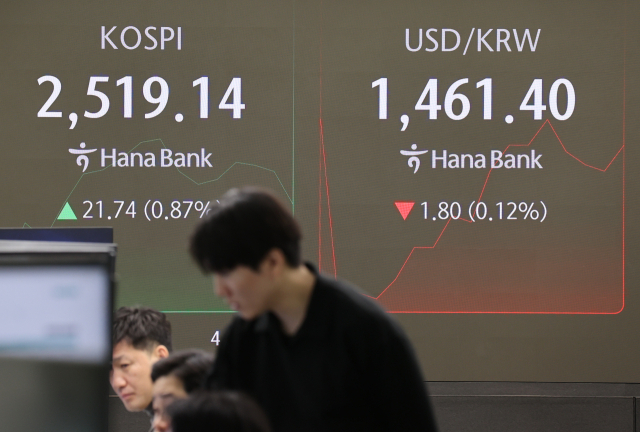 15일 오전 서울 중구 하나은행 본점 딜링룸에서 직원들이 업무를 보고 있다. 이날 코스피는 전장보다 13.67포인트(0.55%) 오른 2511.07로 시작했다. 연합뉴스