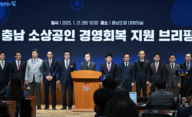 김태흠(왼쪽에서 여섯번째) 충남도지사가 시·군 단체장 또는 부단체장과 함께 소상공인 경영 회복 지원 계획을 발표하고 있다. 사진제공=충남도