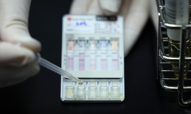 13일 오전 서울 영등포구 서울지방병무청 제1병역판정검사장에서 임상병리사가 소변을 검체로 간이 검사 키트를 활용해 마약 검사를 하고 있다.연합뉴스