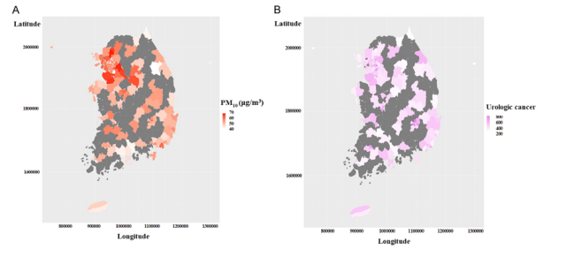 우리나라 미세먼지 농도 분포(A)와 지역별 비뇨기계암 발생률(B). 사진 제공=서울성모병원