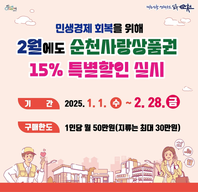 순천시는 민생경제를 살리고 지역 상권을 활성화하기 위해 순천사랑상품권 15% 특별할인을 당초 1월 한 달에서 2월 28일까지 연장하기로 결정했다. 사진 제공=순천시