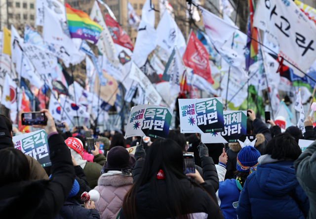 25일 오후 서울 광화문에서 윤석열 즉각 퇴진·사회 대개혁 비상행동 주최로 열린 대통령 퇴진 촉구 집회에서 깃발행진 퍼레이드가 진행되고 있다. 연합뉴스