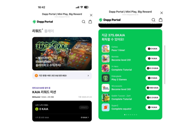 지난 23일 오후 4시 42분 기준 라인 디앱 포털 플랫폼에서 다양한 게임을 하고 받을 수 있는 보상은 375.6KAIA로 나타났다./출처=라인 디앱 포털 화면 캡처.