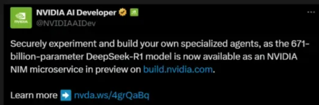 엔비디아가 자사 NIM 마이크로서비스에 R1을 채택했음을 공지하고 있다. /엑스 캡처