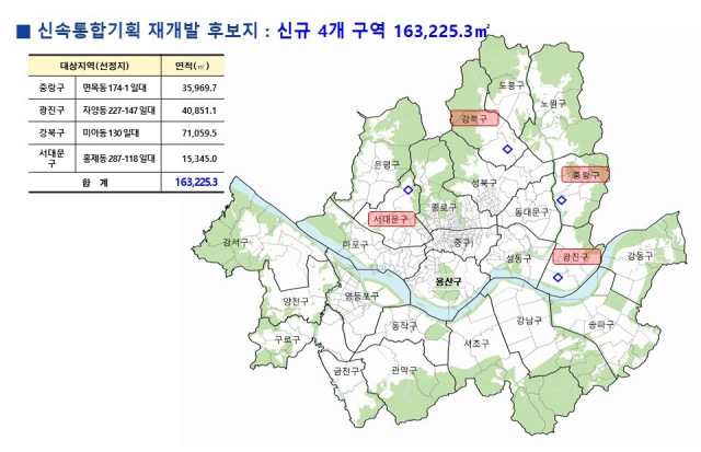 토지거래허가구역으로 신규 지정된 신속통합기획 재개발 후보지 4개소. 사진 제공=서울시