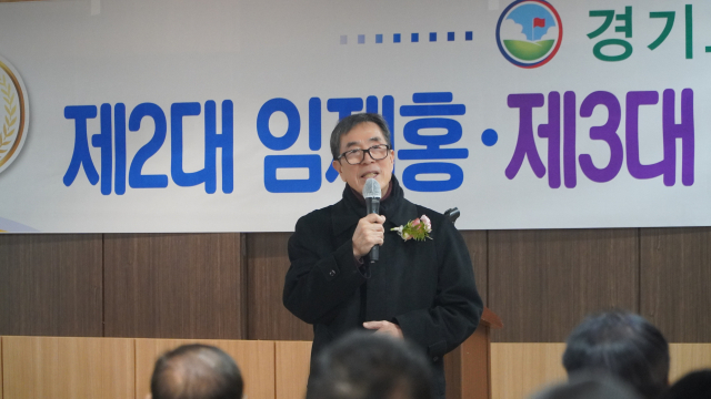 6일 열린 제3대 용수영 경기도파크골프협회장 취임식에서 격려사 하고 있는 권대현 대한파크골프협회 부회장. 정예지 기자