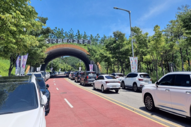 국립부산과학관 주차장 진입로에 관람객 차량이 줄지어 서 있다. 사진제공=국립부산과학관