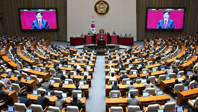 권성동 국민의힘 원내대표가 11일 서울 여의도 국회에서 열린 제422회 국회(임시회)에서 교섭단체 대표 연설을 하고 있다. 성형주 기자