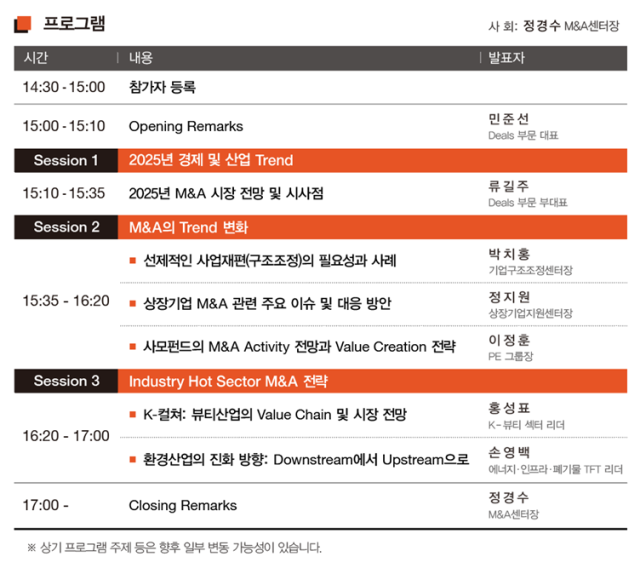 삼일PwC가 3월 5일 서울에서 ‘2025년 인수합병(M&A) 시장 전망과 대응전략’을 주제로 세미나를 개최한다. 사진은 프로그램 내용. 사진 제공=삼일PwC