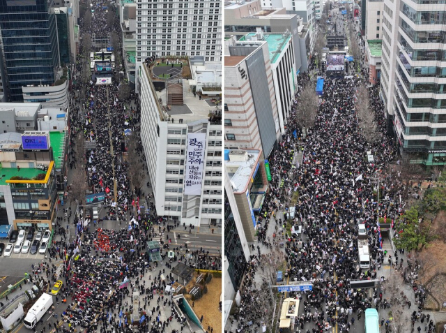 지난 15일 오후 민주화의 성지로 불리는 광주광역시 동구 금남로에서 경찰이 만든 차벽 사이를 두고 윤석열 대통령 탄핵에 찬성(왼쪽), 반대(오른쪽)하는 집회가 동시에 열리고 있다. 광주=연합뉴스