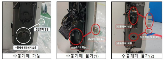 소비자원이 시행한 화재시험에서 수동레버가 녹은 중국산 디지털 도어록. 사진 제공=한국소비자원