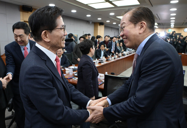 권영세(오른쪽) 국민의힘 비상대책위원장과 김문수 고용노동부 장관이 19일 서울 여의도 국회 의원회관에서 열린 ‘2030·장년 모두 Win-Win하는 노동개혁 대토론회’에서 악수하고 있다. 성형주 기자