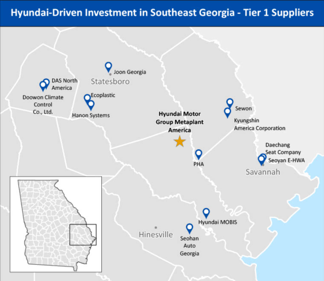 현대자동차의 미국 조지아주 생산 공장 현대차메타플랜트아메리카(HMGMA)와 함께 진출한 협력 업체들. 그래픽=조지아주정부