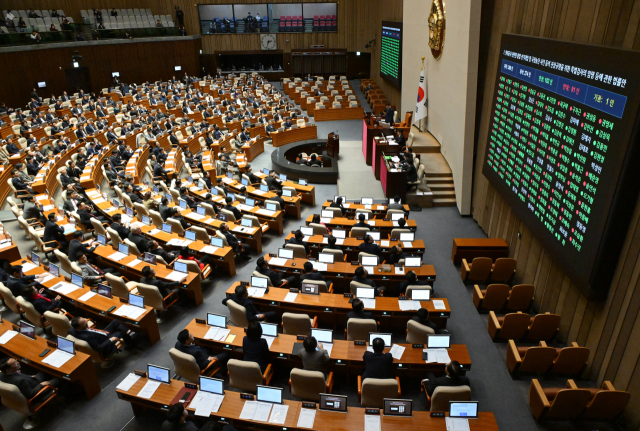 27일 서울 여의도 국회에서 열린 본회의에서 명태균과 관련한 불법 선거개입 및 국정농단 사건 등의 진상규명을 위한 특별검사의 임명 등에 관한 법률안이 가결되고 있다. 성형주 기자 2025.02.27