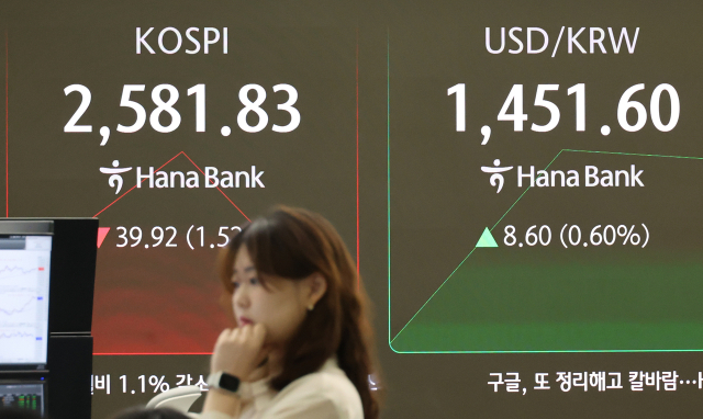 28일 서울 중구 하나은행 본점 딜링룸 현황판. 연합뉴스